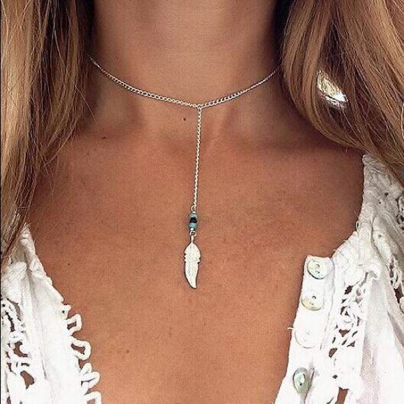 Jewelry - Silver Beaded Lariat Boho Feather Choker Necklace